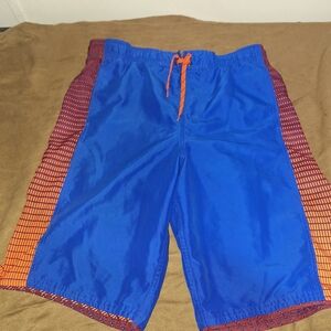 Nike Men's Royal Blue Swim Shorts with Orange Drawstring and Maroon Side Panels